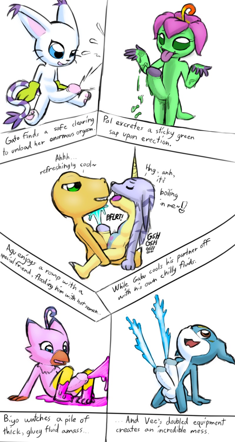 2013 2_penises after_masturbation agumon anal anal_penetration anthro avian balls bandai_namco bird biyomon blue_body blue_skin bodily_fluids comic cum cum_in_ass cum_inside cum_on_face cum_while_penetrated cumshot dialogue digimon digimon_(species) double_cumshot duo e621 ear_tuft ejaculation elemental_creature english_text erection felid flora_fauna fur gabumon gatomon genital_fluids genitals gynomorph hands-free hi_res horn intersex interspecies lizard male mammal multi_cumshot multi_genitalia multi_penis multiple_scenes norithics nude orgasm palmon penetration penis plant reptile sackless scalie sex solo_focus sound_effects text tuft veemon white_body white_fur yellow_body yellow_skin