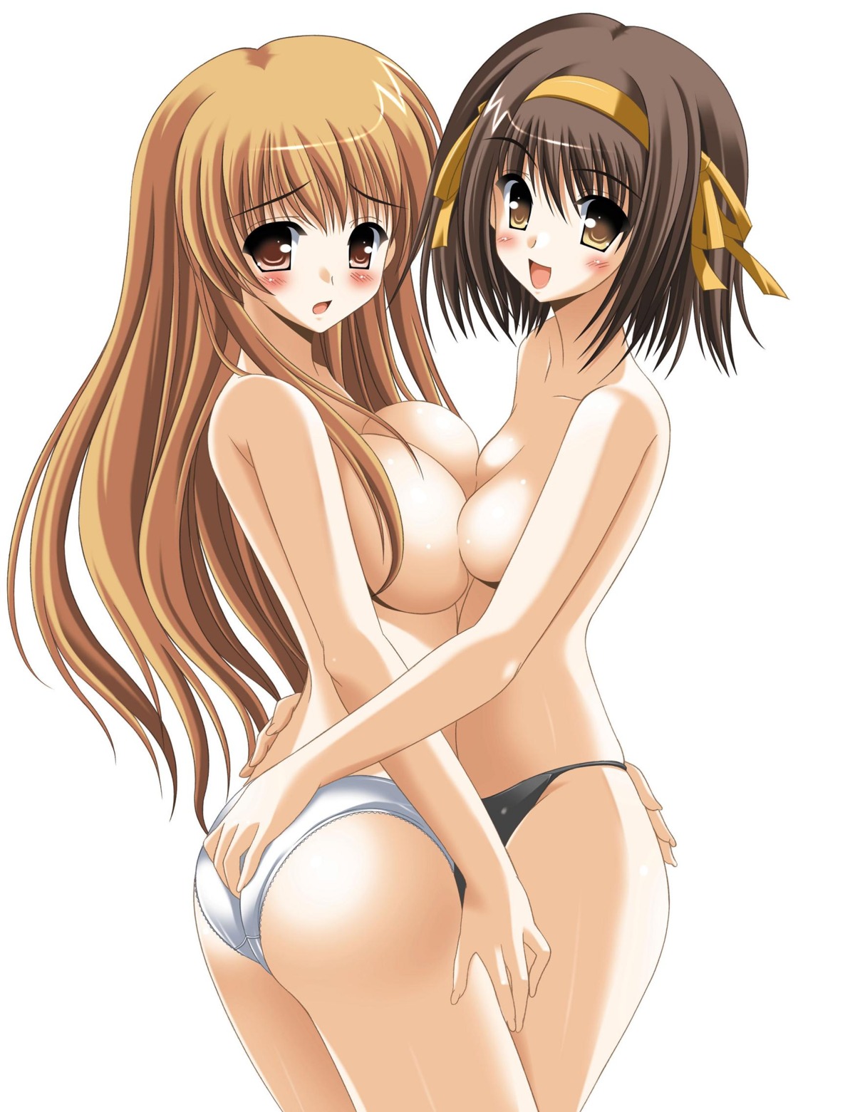 asahina_mikuru ass blush breasts breasts_to_breasts female hand_on_ass large_breasts lesbian oda_ken'ichi panties rule34 small_breasts suzumiya_haruhi suzumiya_haruhi_no_yuuutsu tagme white_background yuri