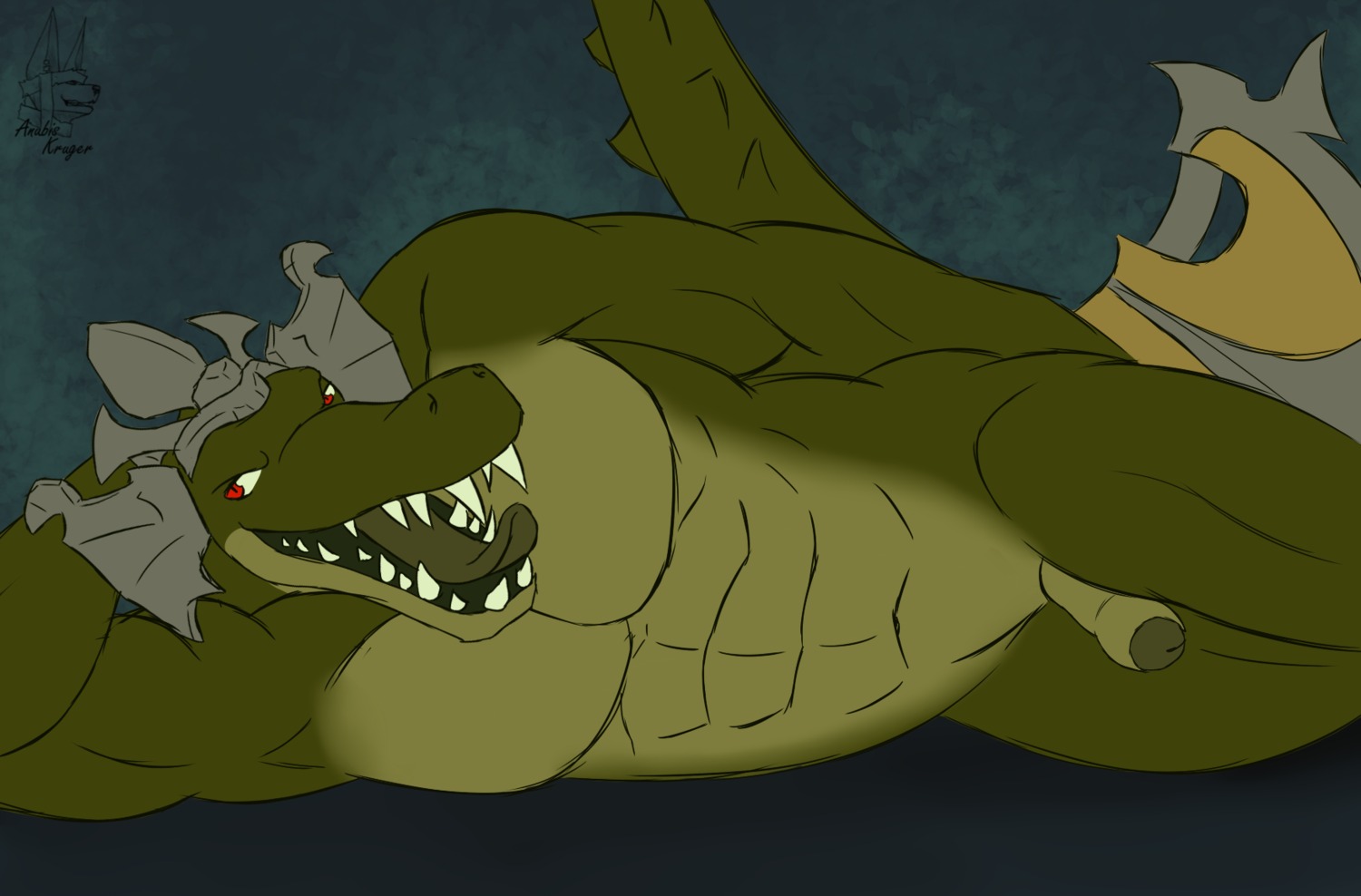 2014 abs anthro anubis-kruger biceps biped countershading crocodile crocodilian e621 erection foreskin genitals happy headgear hi_res humanoid_genitalia humanoid_penis league_of_legends looking_at_viewer lying male manly muscular muscular_anthro muscular_male nude on_ground on_side open_mouth partially_retracted_foreskin pecs penis renekton reptile riot_games scalie sharp_teeth smile solo teeth tencent tongue tongue_out