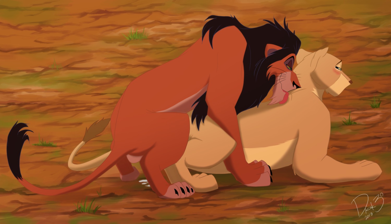 2013 age_difference black_claws blush bodily_fluids brown_body brown_fur claws cum cum_on_ground cum_pool detailed_background digitigrade disney dksk30 duo e621 felid female feral feral_on_feral from_behind_position fur genital_fluids grass green_eyes hi_res licking lion looking_back lying male male/female mammal mounting multicolored_body multicolored_fur nala_(the_lion_king) older_male on_front pantherine plant scar scar_(the_lion_king) sex side_view smile tan_body tan_fur the_lion_king tongue tongue_out two_tone_body two_tone_fur uncomfortable_pose yellow_sclera younger_female