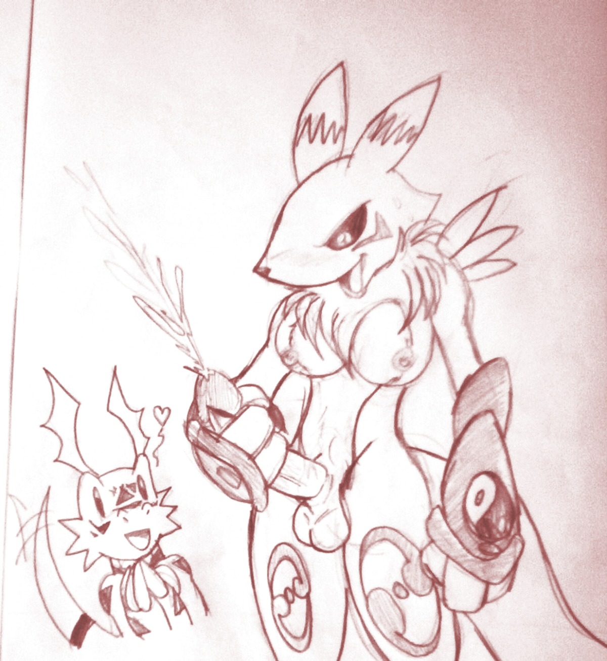 ambiguous_gender anthro canine digimon digimon_(species) fox furry futa_with_male futanari guilmon handjob intersex interspecies male monochrome renamon reptile rule34 scalie unknown_gender