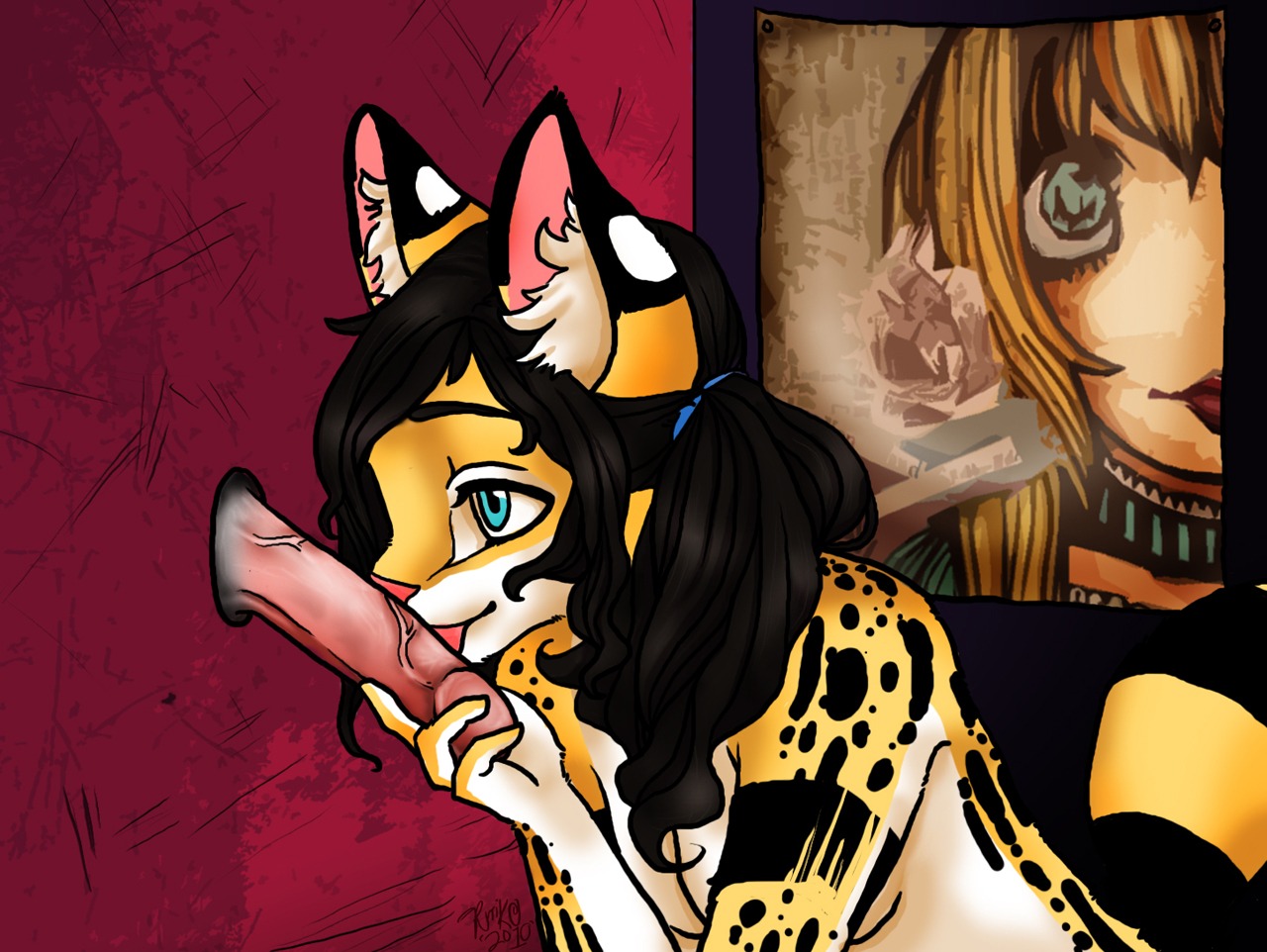 anthro black_hair blue_eyes duo e621 erection felid feline fellatio female fur genitals glory_hole hair licking male male/female mammal nude oral penile penis penis_lick ruriko ruriko_(character) serval sex tongue tongue_out white_body white_fur yellow_body yellow_fur