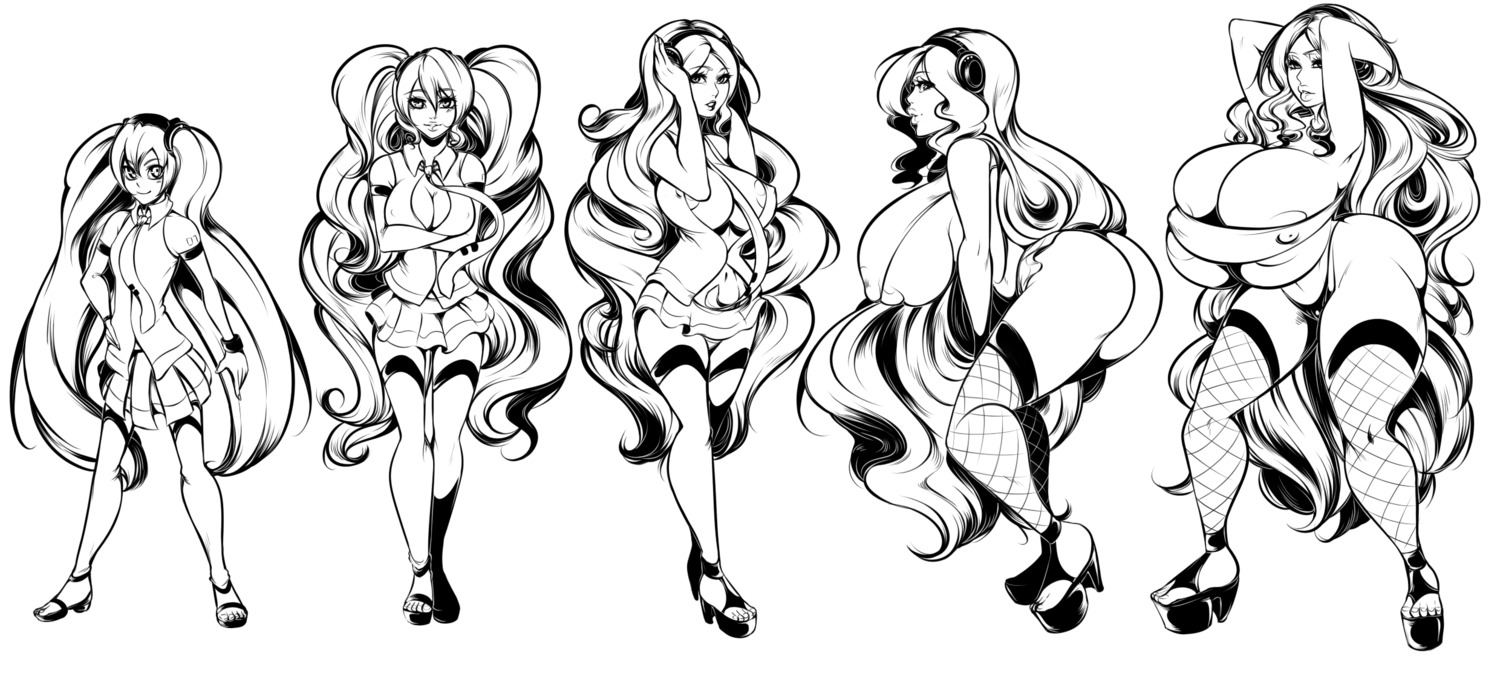 1girl ass breasts cleavage collage female fishnets greyscale hatsune_miku high_heels huge_breasts large_breasts lineart long_hair monochrome multiple_girls platform_footwear rule34 skirt tagme thighhighs twintails very_long_hair vocaloid