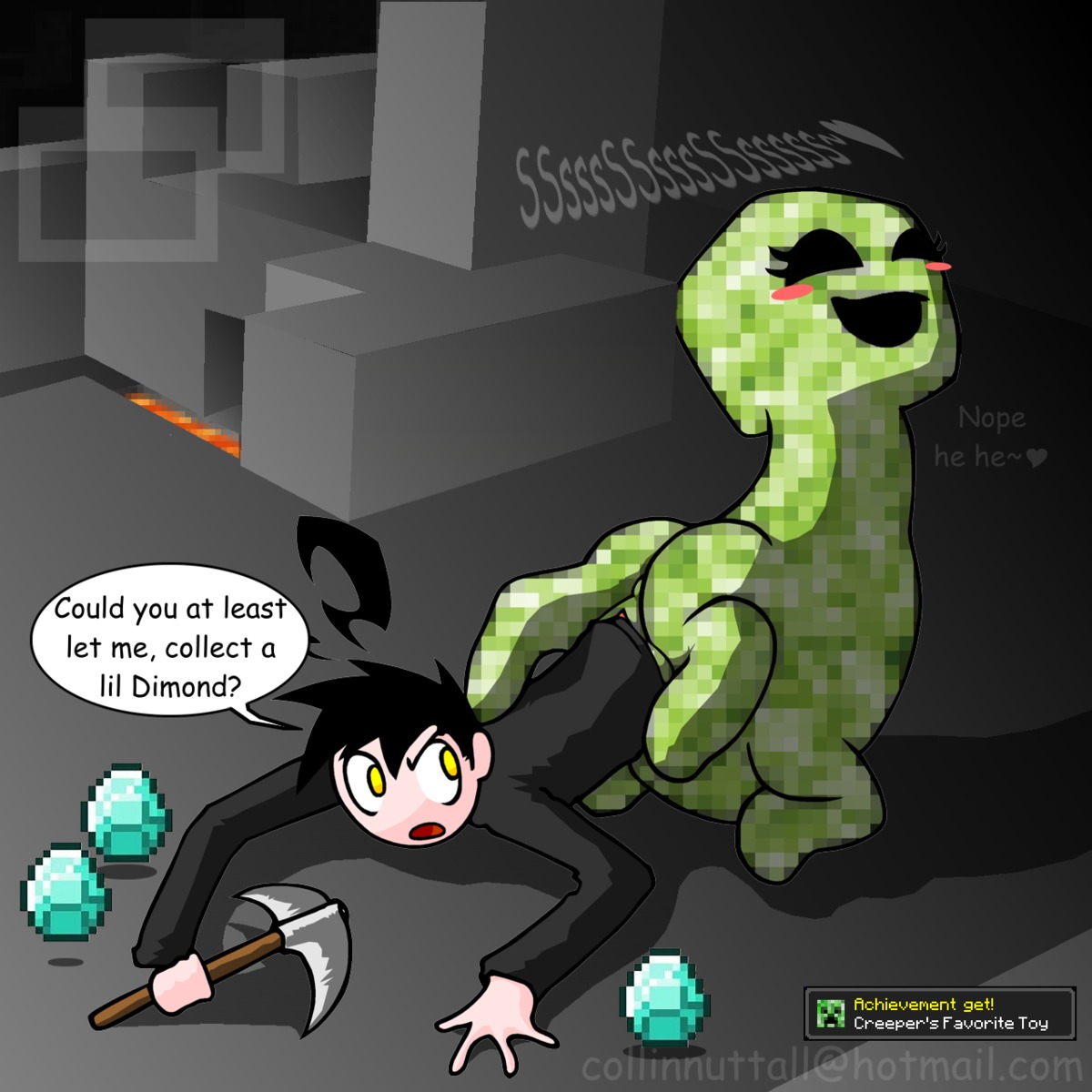 achievement_unlocked clothing creeper dialogue diamond female feral gameplay_mechanics liliy_(slushy) minecraft rule34 slushy soft_unbirth tagme text unbirthing vore