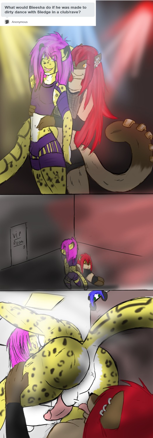 absurd_res animate_inanimate anthro bathroom bieesha cheetah clothed clothing crossdressing dancing digital_media_(artwork) duo_focus e621 english_text felid feline femboy group hi_res leona_(aka)_little_one living_plushie looking_at_another makarimorph male mammal nightclub peeping plushie public public_restroom rave restroom_stall scene_haircut sledge_revorse tail text