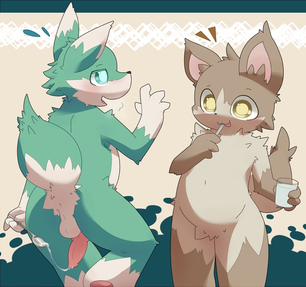 ambiguous_gender anthro anus backsack balls beverage bodily_fluids brown_body brown_fur butt canid canine canis container cum cum_on_penis cum_string cup cutlery domestic_dog duo e621 erection fist fur genital_fluids genitals grasp green_body green_eyes green_fur holding_container holding_cup holding_glass holding_object holding_spoon kitchen_utensils kururi_itachi liquid looking_at_viewer looking_up male mammal navel open_mouth pawpads paws penis presenting presenting_hindquarters raised_arm raised_leg shadow simple_background spoon standing tail tongue tools white_background white_body white_fur wolf yellow_eyes