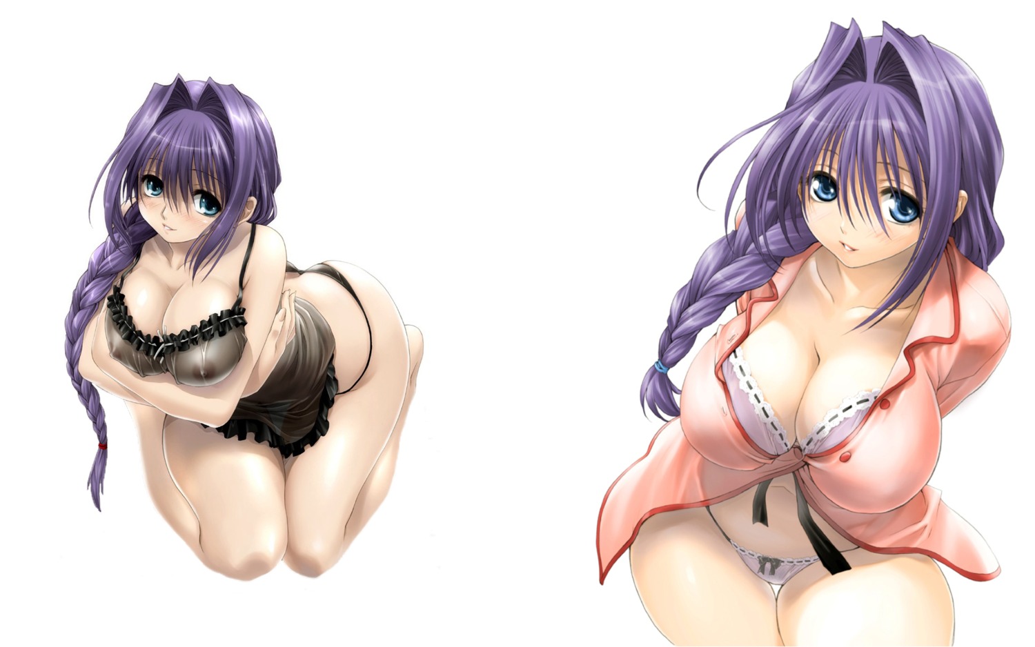 akiko_minase babydoll blue_eyes blush braid breasts cleavage curvy female frills hair_intakes highres kanon kneeling lace large_breasts lingerie long_hair looking_up milf minase_akiko mitarashi_kousei nipples panties payot photoshop purple_hair rule34 see-through simple_background thong underwear wallpaper