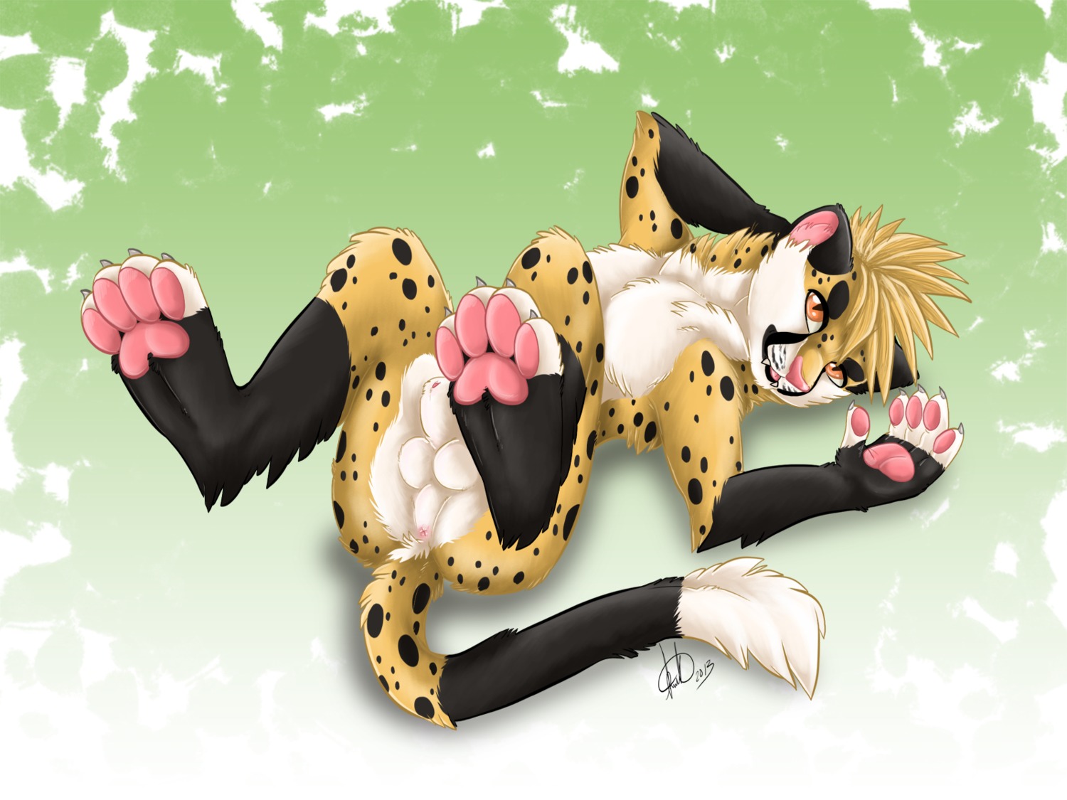 2013 4:3 animal_genitalia anthro anus balls biped cheetah e621 felid feline fully_sheathed genitals hi_res kwik_(artist) legs_up lying male mammal nude on_back sheath solo spread_legs spreading