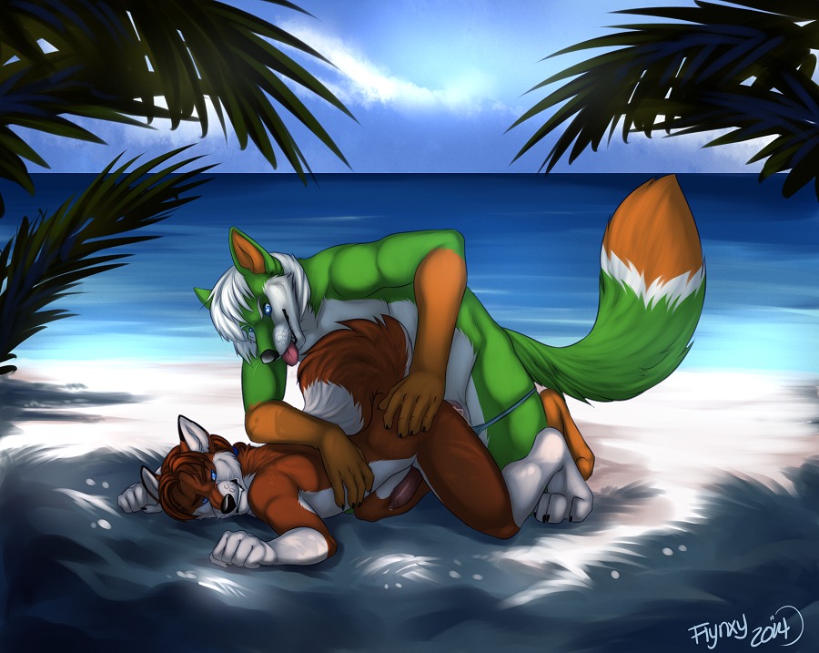 2014 all_fours anal anal_penetration animal_genitalia animal_penis anthro athletic beach canid canine canine_genitalia canine_penis clothed clothing cloud detailed_background duo e621 erection flynx-flink fox from_behind_position fur genitals green_body green_fur hair looking_back lying male male/male male_penetrated male_penetrating male_penetrating_male mammal markings nude on_front orange_markings outside penetration penis raised_tail sand seaside sex sex_on_the_beach sky tail tongue tongue_out water white_hair