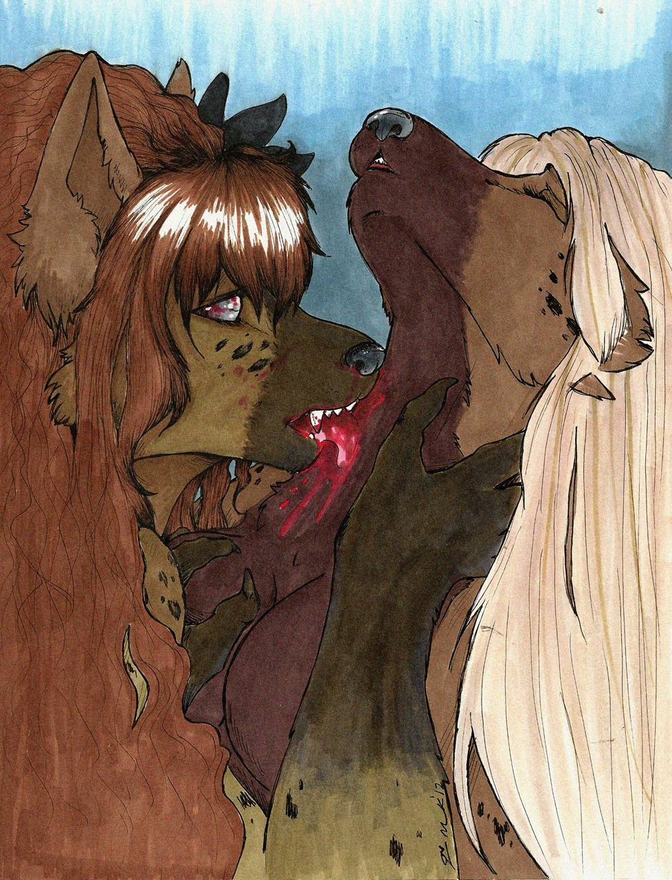 2girls animal_ears anthro blonde_hair blood breast_grab breasts brown_hair claws dungeons_and_dragons fangs female fur furry gnoll hyena muzzle rule34 spotted_fur spotted_hyena yuri