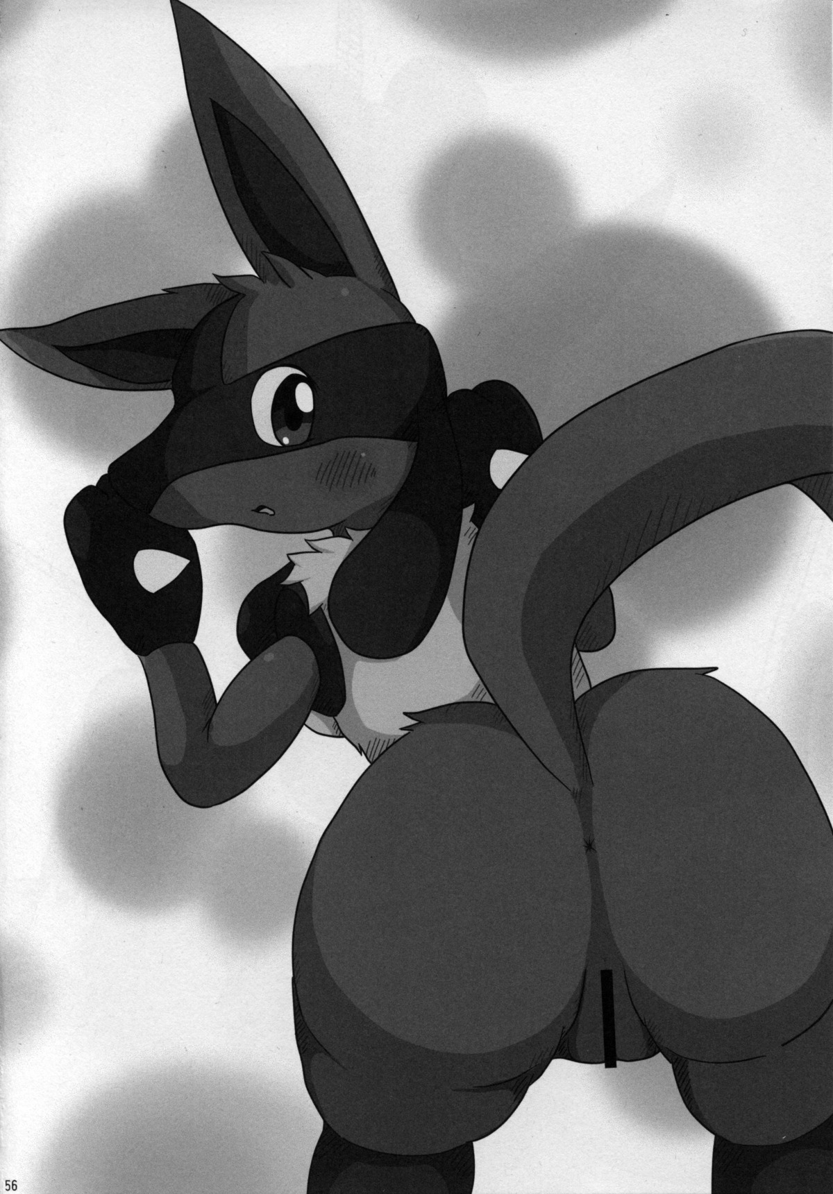 anthro anus blush canine female fur furry greyscale hi_res looking_back lucario monochrome pokemon pokemon_(species) pussy raised_tail rule34 solo tail