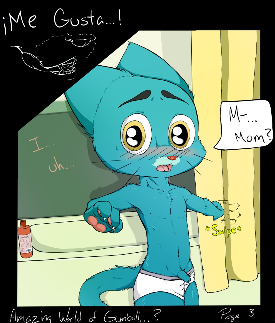 2012 anthro bathtub blue_body blue_fur blush cartoon_network clothing dialogue domestic_cat e621 english_text felid feline felis foreskin fur genitals gumball_watterson male male_anthro mammal penis solo tail text the_amazing_world_of_gumball underwear vanishingpoint young young_anthro young_male