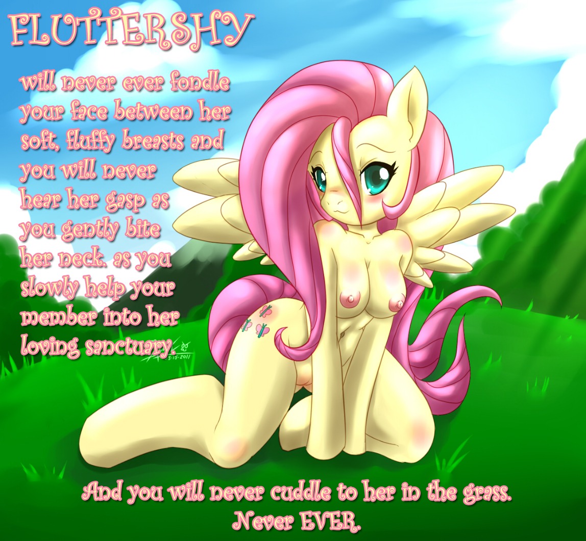 anthro anthrofied blush breaking_the_fourth_wall breasts e621 english_text equid equine feathered_wings feathers female fluttershy_(mlp) friendship_is_magic genitals hasbro looking_at_viewer mammal mnxenx001 my_little_pony mythological_creature mythological_equine mythology nipples nude pegasus pose signature solo tail text vulva wings yellow_body yellow_feathers