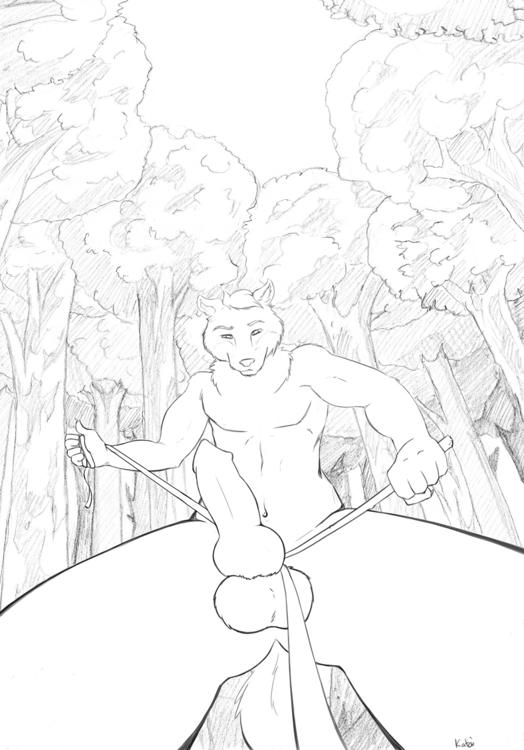 anthro balls bdsm black_and_white canid canine canis domestic_dog e621 erection flookie forest genitals hi_res husky katai knot leash line_art male mammal master monochrome nordic_sled_dog nude outside penis perspective petplay plant roleplay solo spitz tail tree tree_bondage whip wood