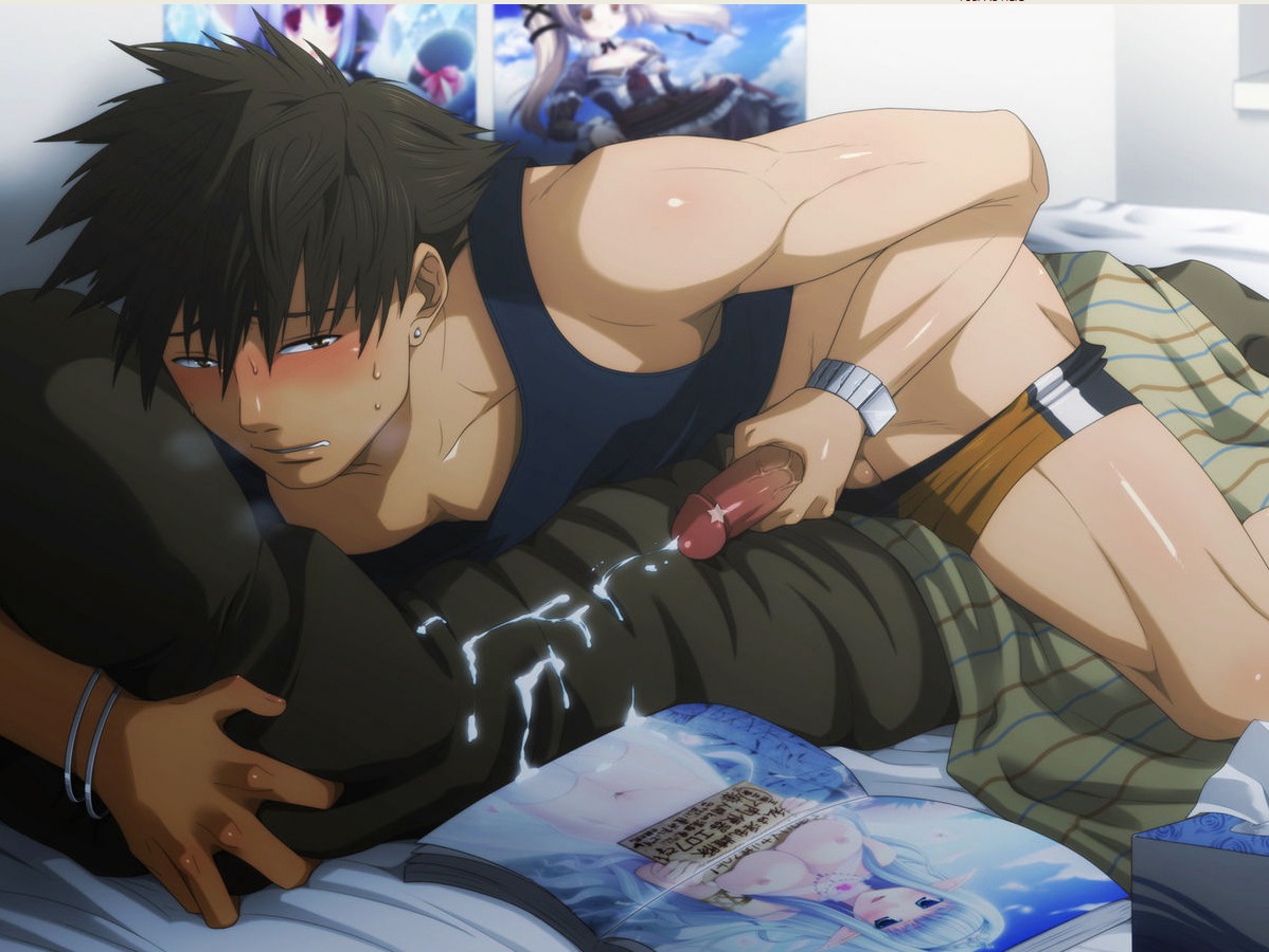bara blush brown_eyes brown_hair censored cum ejaculation erection izumi_nekotsuki kinokotei male male_masturbation male_only masturbation muscles penis pointless_censoring rule34 solo solo_male sweat underwear_down yaoi