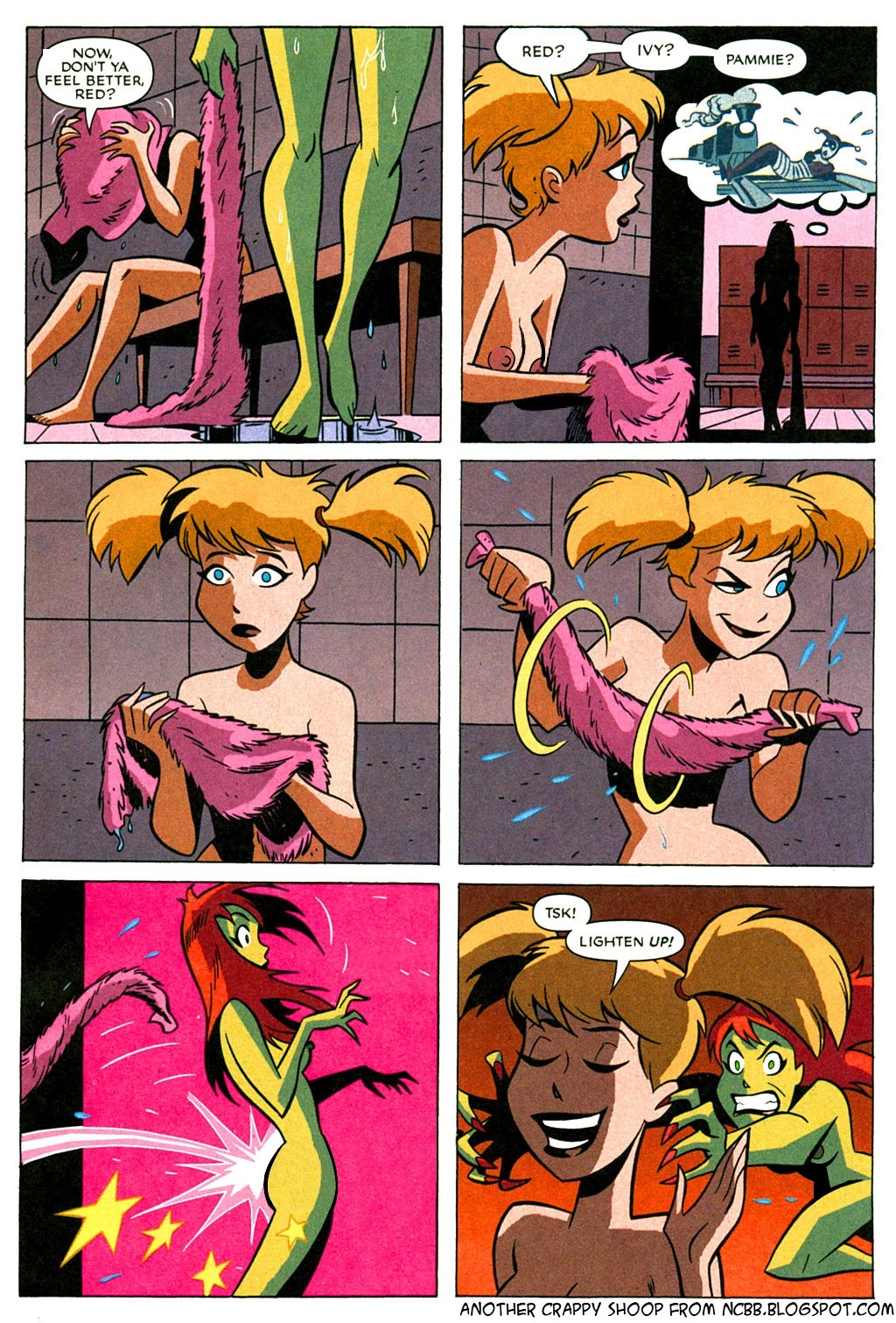 2d 2girls accurate_art_style angry batman:_the_animated_series batman_(series) breasts canonical_scene color comic dc dc_comics dcau dialogue edit female female_only fingernails forced full_color green-skinned_female green_skin harleen_quinzel harley_quinn lee_loughridge locker_room long_fingernails multiple_girls nail_polish ncbb nipples nude poison_ivy poison_ivy_(dcau) prison red_nails rule34 shane_glines spanking spanking_ass speech_bubble the_new_batman_adventures towel_snap villain villainess wet yuri