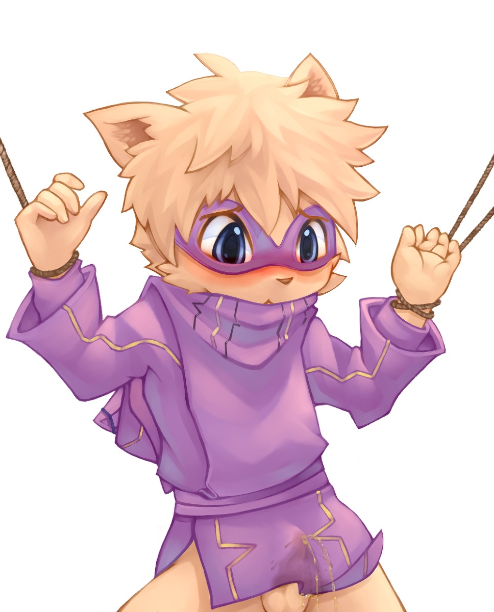anthro balls bdsm big_eyes blue_eyes blush bodily_fluids bondage bottomless bound clothed clothing digital_media_(artwork) domino_mask e621 embarrassed eyemask eyewear front_view fur genital_fluids genitals hands_tied hi_res kennen_(lol) league_of_legends male male_anthro mask peeing riot_games rokuya sash short short_anthro short_male simple_background slim solo submissive submissive_male tan_body tan_fur tencent urine wetting white_background yordle young young_anthro young_male