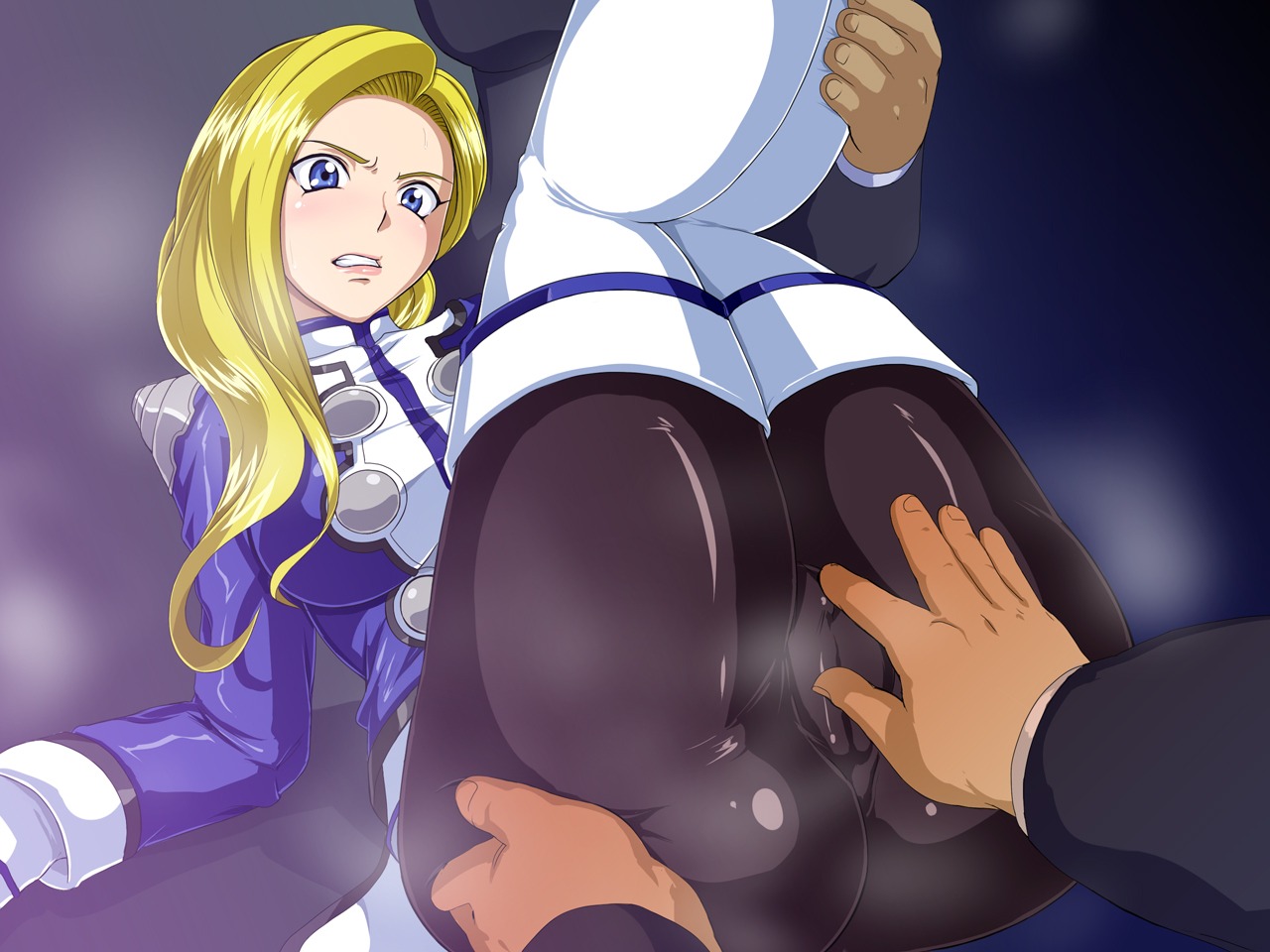 arm_support ass ass_grab blonde_hair blue_eyes blush clothing female fingering glycine_bleumer knees_touching legs_up long_hair raburebo rule34 sakura_taisen sakura_taisen_iii sakura_wars sitting uniform