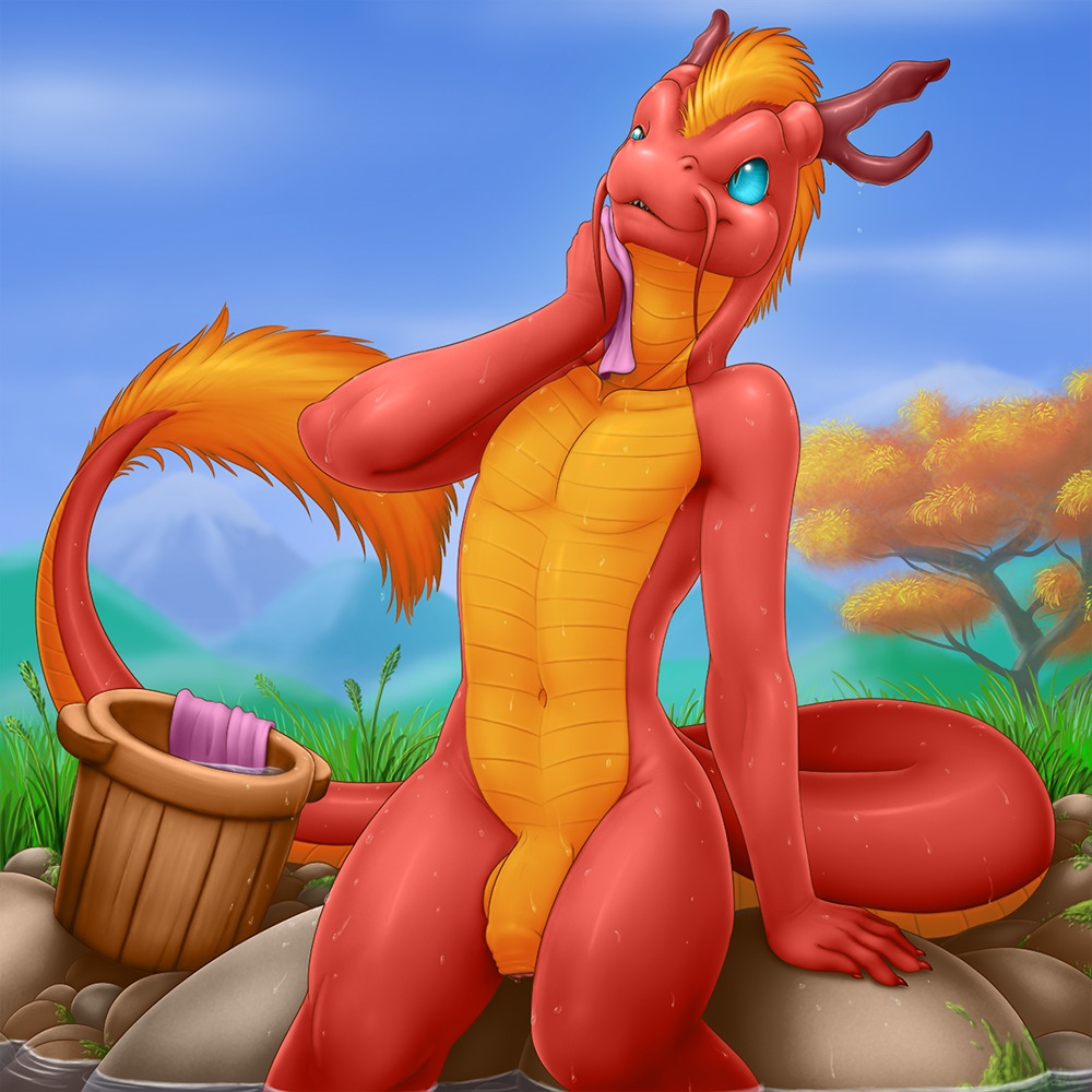 1:1 2013 anthro asian_mythology balls barbel_(anatomy) bik_(vader-san) biped blonde_hair blue_eyes bucket casual_nudity container digital_media_(artwork) dragon dripping e621 east_asian_mythology eastern_dragon flaccid flesh_whiskers foreskin fur genitals glans grass hair horn humanoid_genitalia humanoid_penis looking_up male mythological_creature mythological_scalie mythology navel no_sclera non-mammal_balls nude nude_anthro nude_male outdoor_nudity outside partially_retracted_foreskin penis pink_glans plant red_body red_skin scales scalie short_hair sitting sky smile solo tail tail_tuft towel tree tuft vader-san water wet wet_body whiskers yellow_balls yellow_body yellow_fur yellow_penis yellow_scales