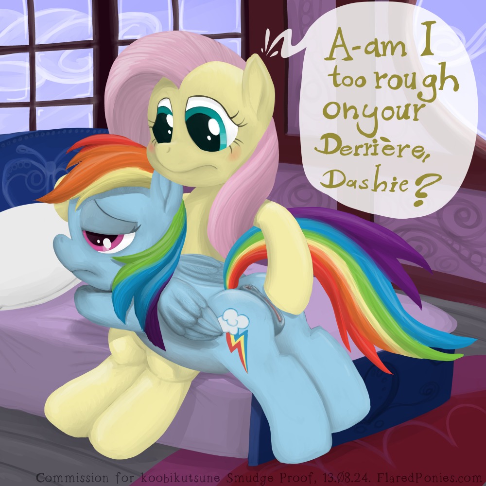 1:1 2013 anus bdsm bed blue_body blue_eyes blue_feathers blue_fur butt_slap cutie_mark dialogue digital_media_(artwork) duo e621 english_text equid equine feathered_wings feathers female female/female feral fluttershy_(mlp) friendship_is_magic fur furniture genitals hair hasbro inside mammal multicolored_hair multicolored_tail my_little_pony mythological_creature mythological_equine mythology on_lap over_knee pegasus pink_hair purple_eyes rainbow_dash_(mlp) rainbow_hair rainbow_tail slap smudge_proof spanking tail text vulva wings yellow_body yellow_fur