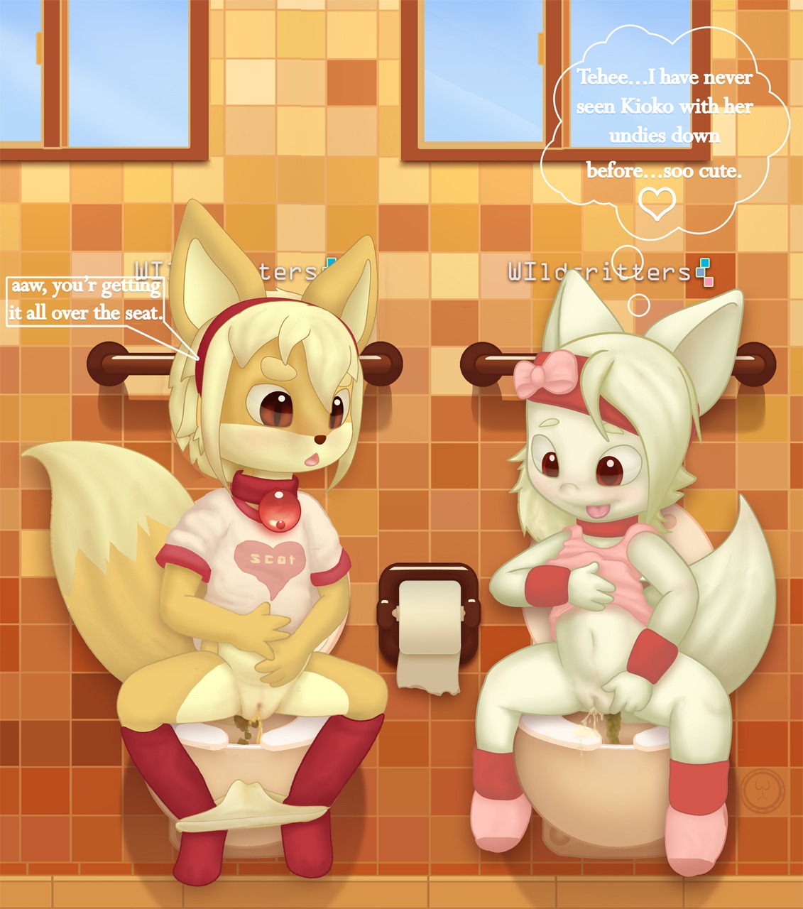 4_fingers accessory ankle_band anthro band_accessory bathroom bell biped blonde_eyebrows blonde_hair bodily_fluids bottomless bow_(feature) bow_accessory bow_ribbon canid canine circle_eyebrows clothed clothing collar conditional_dnp countershade_face countershade_torso countershading dark_nose dark_pupils detailed_background dialogue dipstick_tail duo e621 english_text eyebrows feces feces_in_ass female fingers footwear fur genital_fluids genitals hair hair_accessory hair_bow hair_ribbon hairband heart_print heart_symbol hi_res inside internal_wall iris kioko legwear light_body light_ears light_eyebrows light_face light_fur light_hair light_pussy light_tail light_text mammal markings monotone_clothing monotone_face monotone_footwear monotone_hair monotone_legwear monotone_panties monotone_shirt monotone_socks monotone_tail monotone_tank_top monotone_topwear monotone_underwear multicolored_body multicolored_clothing multicolored_face multicolored_fur multicolored_shirt multicolored_tail multicolored_topwear navel object_in_ass on_toilet open_mouth orange_body orange_ears orange_face orange_fur orange_tail panties panties_down partially_clothed peeing peeing_together pink_bow pink_clothing pink_footwear pink_shirt pink_tank_top pink_tongue pink_topwear pooping pooping_together print_clothing print_shirt print_topwear public_restroom pupils red_ankle_band red_clothing red_collar red_eyes red_footwear red_hairband red_legwear red_nose red_pupils red_shirt red_socks red_topwear red_wristband ribbons rose_(tricksta) scatplay shirt short_hair sitting slit_pupils socks speech_bubble t-shirt tail tail_markings tank_top text text_on_clothing thought_bubble tile tile_wall toilet toilet_paper toilet_use tongue tongue_out topwear tricksta two_tone_body two_tone_face two_tone_fur two_tone_tail unavailable_at_source underwear underwear_down urine vulva wall_(structure) watersports white_body white_clothing white_ears white_eyebrows white_face white_fur white_shirt white_tail white_text white_topwear white_vulva window wristband yellow_body yellow_clothing yellow_face yellow_fur yellow_panties yellow_tail yellow_underwear yellow_vulva young young_anthro