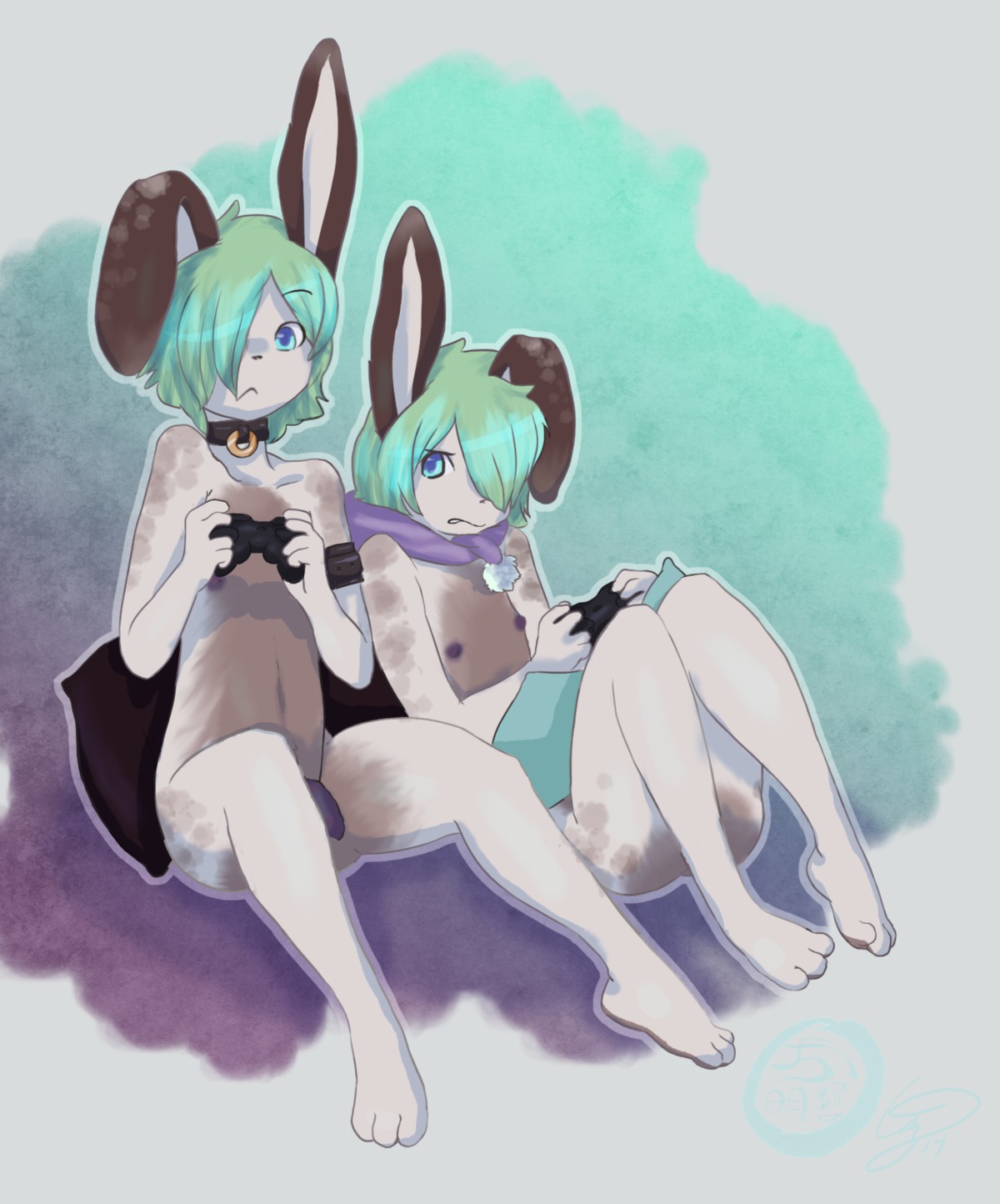 2014 3_toes :< abstract_background ambiguous_gender anthro armband arms_bent bent_legs blue_eyes blue_hair brother_(lore) brothers_(lore) cainethelongshot camille_(cainethelongshot) casual_nudity cedric_(cainethelongshot) choker closed_frown clothing controller dualshock dualshock_3 duo e621 feet femboy flaccid floppy_ears frown fur game_controller gaming genitals green_hair hair hi_res holding_controller holding_game_controller holding_object hood jewelry lagomorph leporid male mammal markings mostly_nude mouth_closed multiplayer necklace nipples nude nudist paws penis pillow pillow_on_lap planted_legs playing_video_game playstation playstation_3 playstation_controller purple_nipples purple_penis rabbit raised_hand reclining restricted_palette sibling_(lore) simple_background sitting social_nudity sony_corporation sony_interactive_entertainment spots toes twins_(lore) white_body white_fur wireless_controller