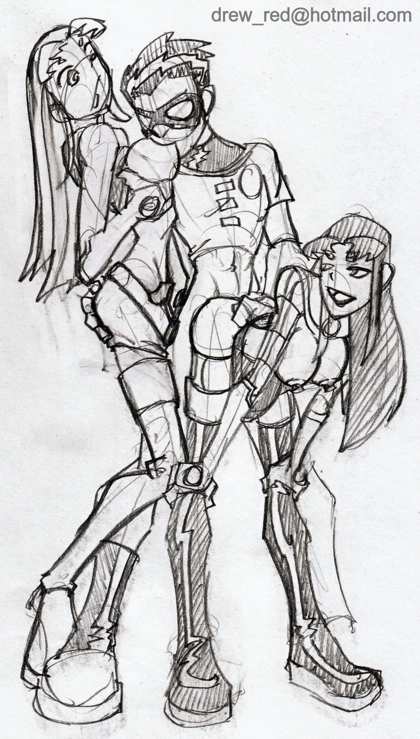 2d alien alien_girl alien_look_like_human blackfire dc dc_comics dick_grayson female human komand'r koriand'r male male_focus monochrome reddrew robin_(dc) robin_(dick_grayson) rule34 starfire straight teen_titans