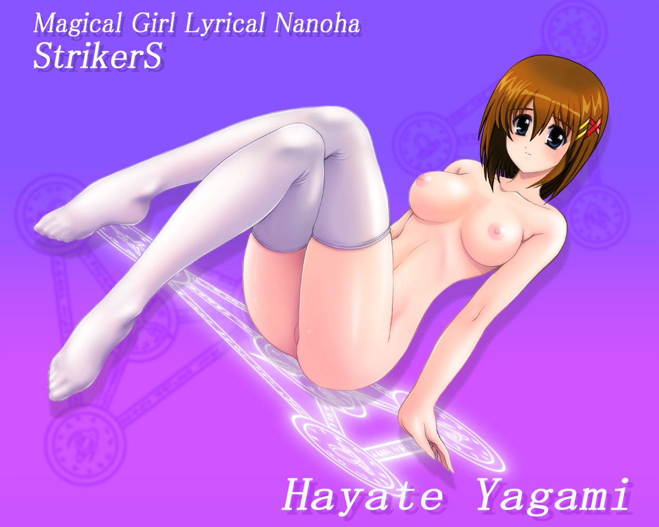 blue_eyes breasts breasts_apart brown_hair crossed_legs female footwear hayate_yagami human kamogawa_tanuki legs_crossed lyrical_nanoha mahou_shoujo_lyrical_nanoha mahou_shoujo_lyrical_nanoha_strikers nude rule34 short_hair sitting socks thighhighs