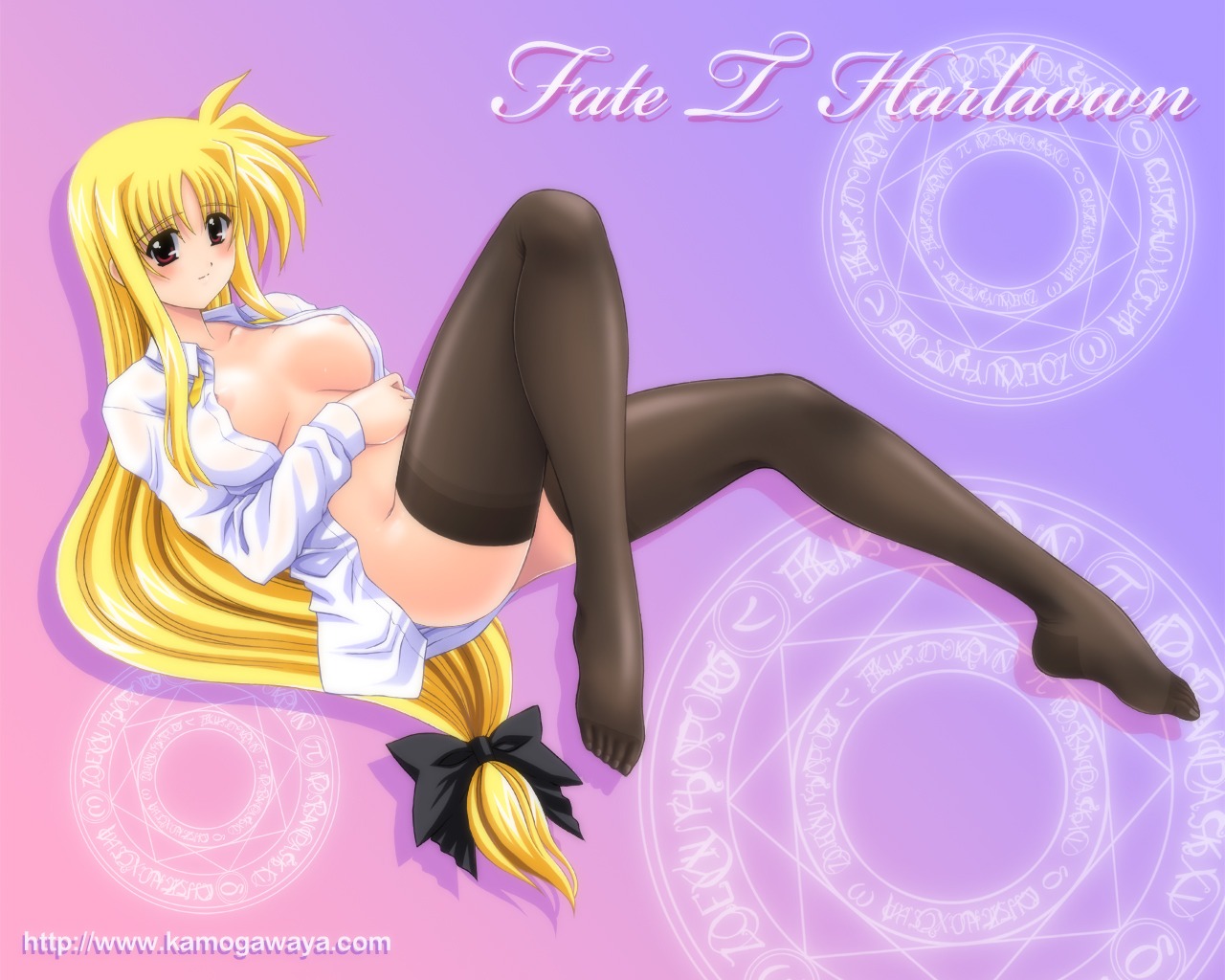 blonde_hair blush bow breasts dress_shirt fate_testarossa female hairbow kamogawa_tanuki long_hair low-tied_long_hair lyrical_nanoha magic_circle mahou_shoujo_lyrical_nanoha mahou_shoujo_lyrical_nanoha_strikers naked_shirt octagram open_clothes open_shirt red_eyes rule34 shirt star_of_lakshmi thighhighs very_long_hair wallpaper