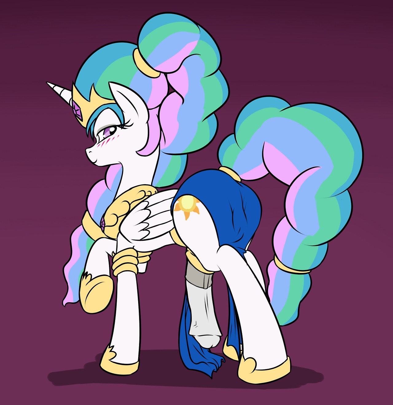 2013 alternate_hairstyle animal_genitalia animal_penis big_penis blush clothing crossgender crown cutie_mark e621 equid equine equine_genitalia equine_penis erection feathered_wings feathers feral friendship_is_magic ftg_crossgender fti_crossgender fur genitals gynomorph hair hasbro headgear hi_res horn intersex looking_back mammal mature_feral mature_gynomorph mature_intersex multicolored_hair my_little_pony mythological_creature mythological_equine mythology penis princess_celestia_(mlp) purple_eyes solo vulapa white_body white_feathers white_fur winged_unicorn wings