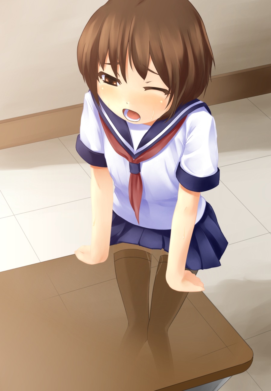 1girls brown_hair classroom clothed_masturbation clothing copyright_request crotch_rub dokuo female female_only from_above highres masturbation open_mouth pussy pussy_juice pussy_juice_drip rule34 school_uniform short_hair skirt sweat table table_humping thighhighs wink x-ray