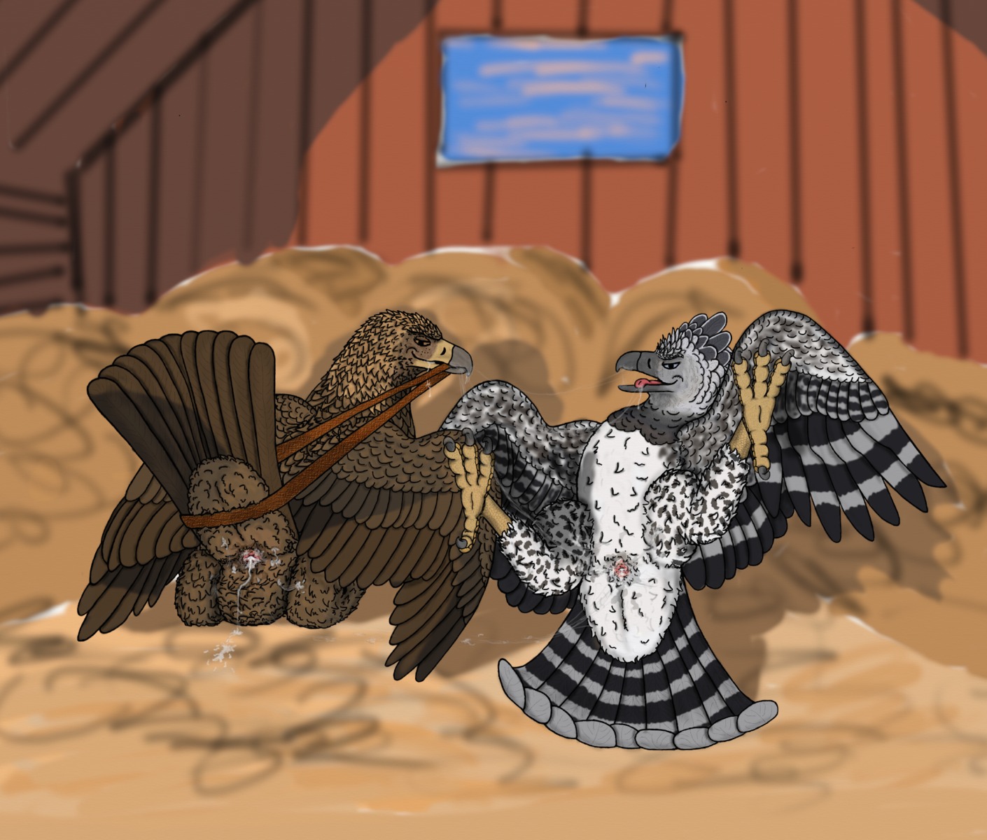accipitrid accipitriform after_sex animal_genitalia avian avian_butt avian_feet bird bodily_fluids claws cloaca cum cum_in_cloaca cum_inside duo e621 eagle feet feral ferobird genital_fluids genitals golden_eagle harpy_eagle hi_res hindpaw male messy paws pinup pose raised_tail rear_view ritchie_(ferobird) round_cloaca sawyer_(ferobird) spread_eagle tail talons toe_claws toes true_eagle