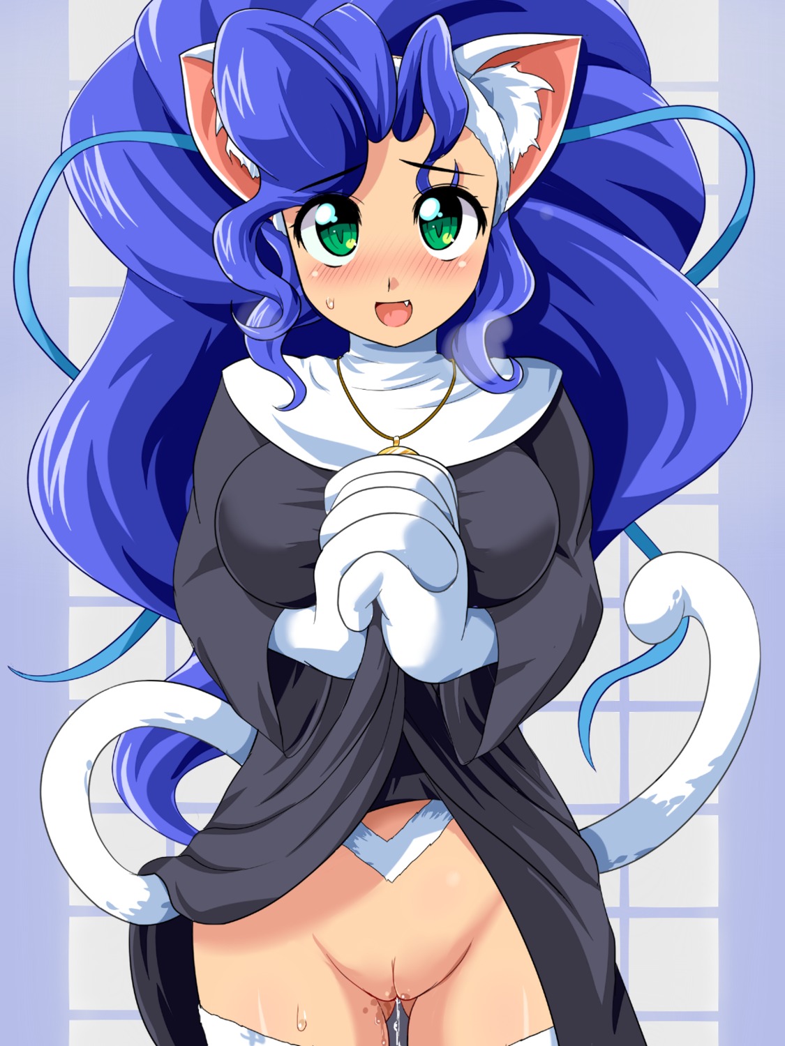3:4 animal_humanoid blue_hair bodily_fluids bottomless capcom clothed clothing cum darkstalkers e621 fangs felicia_(darkstalkers) female genital_fluids genitals hair hi_res humanoid konpeto nun solo tail teeth vulva