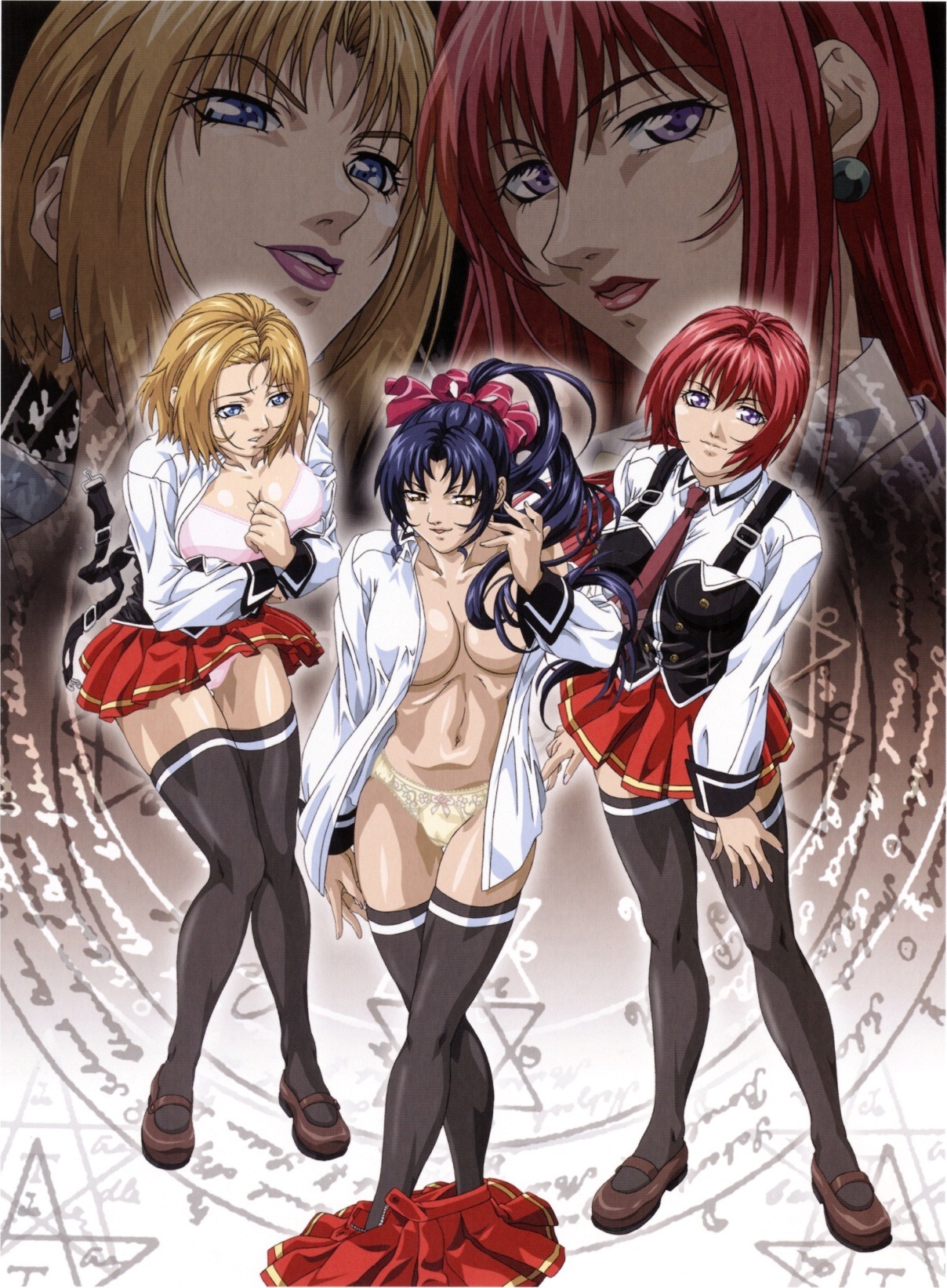 3girls academy_uniform_(bible_black) bible_black blonde_hair blue_eyes blue_hair bra breasts brown_eyes cleavage clothing female kitami_reika kozono_nami multiple_females multiple_girls official_art open_clothes open_shirt panties purple_eyes red_hair rule34 school_uniform shirt skirt takashiro_hiroko thighhighs undressing uniform