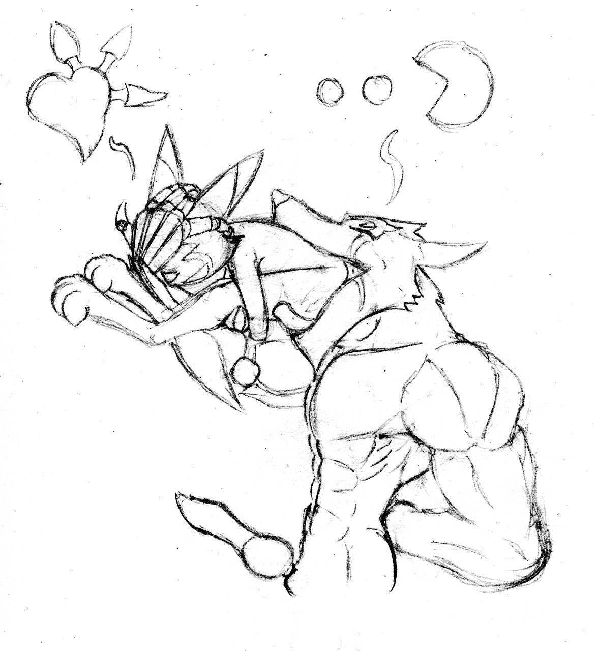 ambiguous_gender anthro bandai_namco canid canine chaoshetra duo e621 erection feet_first genitals happy heart_symbol hi_res knot male male_pred mammal monochrome muscular pac-man pac-man_(series) penis soft_vore standing traditional_media_(artwork) vore